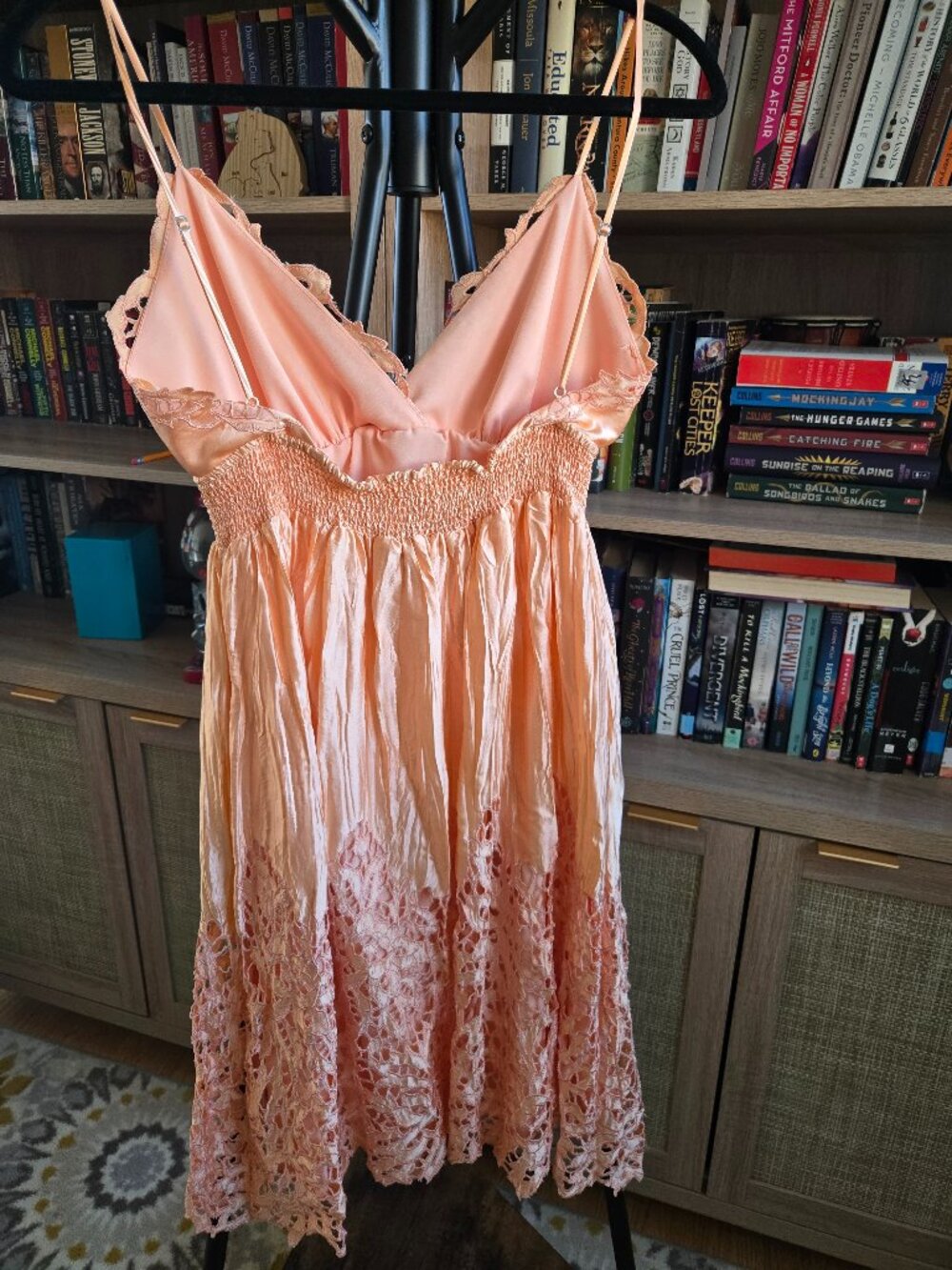 BCBG Max Azria Peach Silk Lace Smocked Waist Slip Dress Size Small - Picture 2 of 9